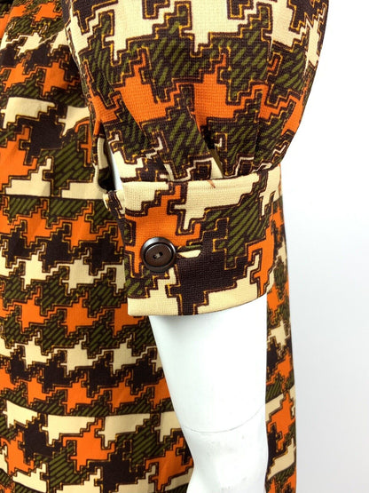 VINTAGE 60s 70s ORANGE BROWN GREEN CREAM GEOMETRIC HOUNDSTOOTH SHIRT DRESS 12 14