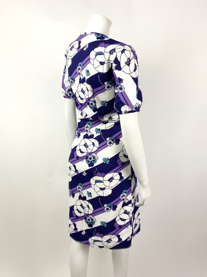 VINTAGE 60s 70s PURPLE WHITE TURQUOISE STRIPED FLORAL MOD DRESS 14 16