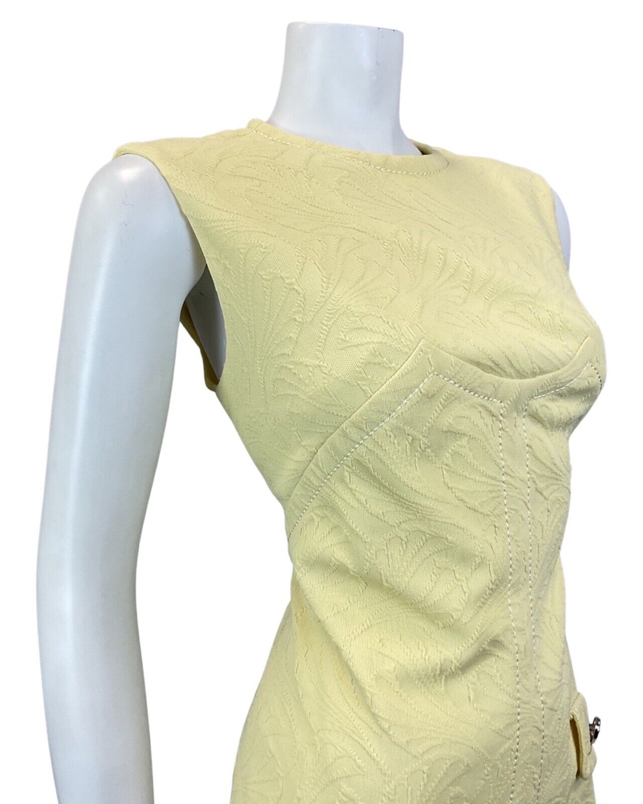 VINTAGE 60s 70s PALE YELLOW LEAFY SLEEVELESS MOD SCOOTER SHIFT DRESS 12 14