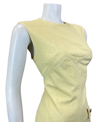 VINTAGE 60s 70s PALE YELLOW LEAFY SLEEVELESS MOD SCOOTER SHIFT DRESS 12 14