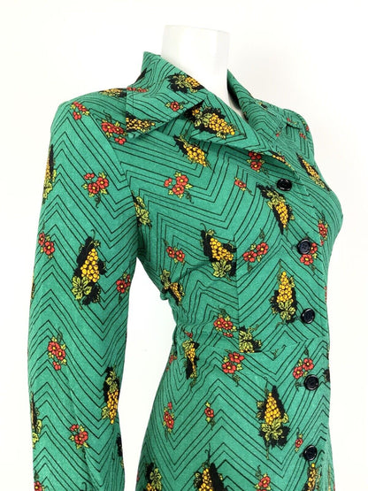 VTG 60s 70s GREEN BLACK YELLOW ZIG-ZAG GRAPES FLORAL DAGGER SHIRT DRESS 12 14