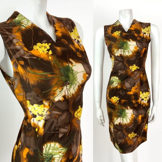 VINTAGE 60s 70s BROWN ORANGE YELLOW GREEN FLORAL PSYCHEDELIC SLEEVELESS DRESS 8
