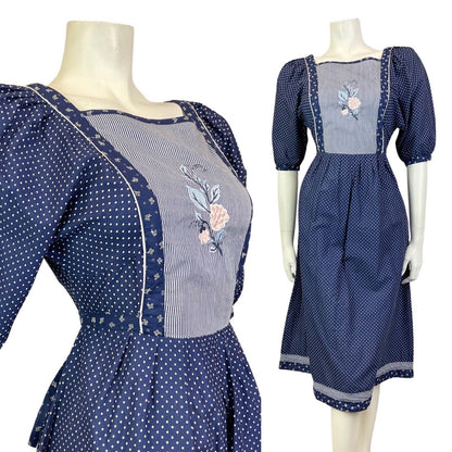 VINTAGE 70s BLUE WHITE PINK POLKA-DOT FLORAL EMBROIDERED BOHO PRAIRIE DRESS 8