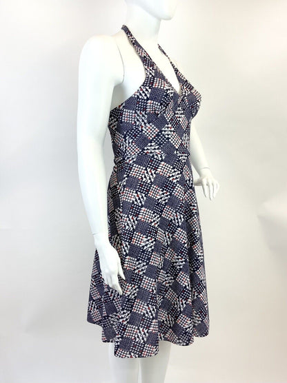 VINTAGE 60s 70s BLUE RED WHITE GEOMETRIC CHECKERBOARD MOD HALTER SUMMER DRESS 16