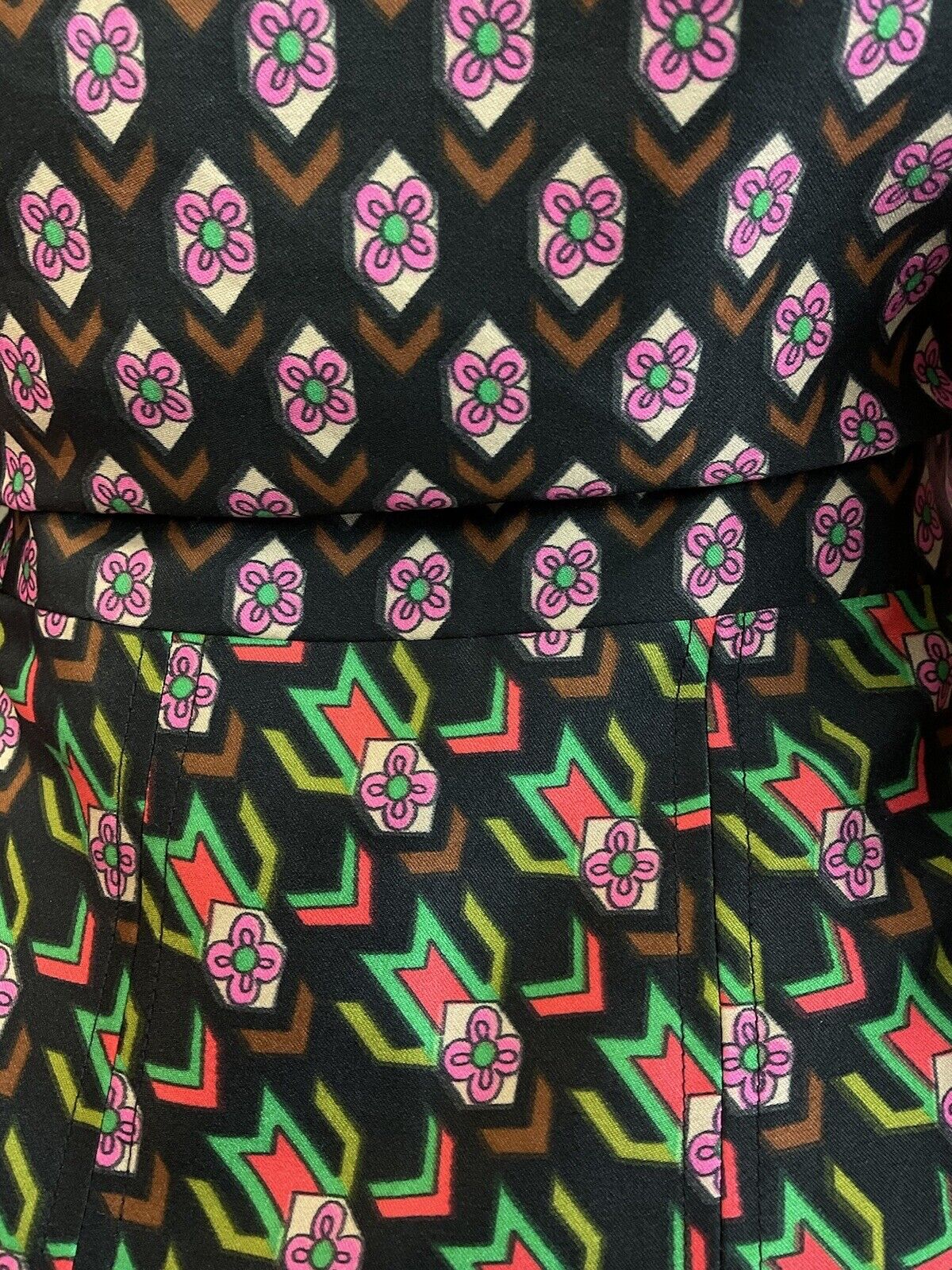 VTG 60s 70s BLACK GREEN PINK PSYCHEDELIC GEOMETRIC DAISY DAGGER SHIRT DRESS 14