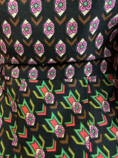 VTG 60s 70s BLACK GREEN PINK PSYCHEDELIC GEOMETRIC DAISY DAGGER SHIRT DRESS 14