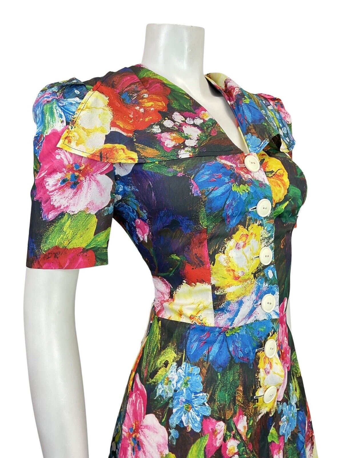 VINTAGE 60s 70s BLUE PINK YELLOW GREEN FLORAL PSYCHEDELIC WING SHIRT DRESS 8 10