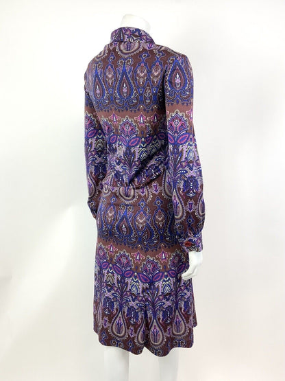 VTG 60s 70s PURPLE BROWN BLUE PSYCHEDELIC FLORAL DAGGER SHIRT DRESS 16 18