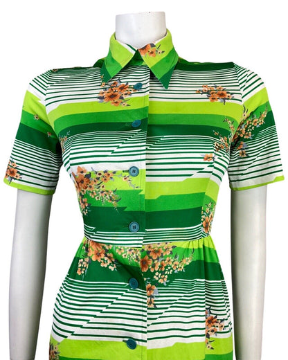 VINTAGE 60s 70s GREEN WHITE ORANGE STRIPED FLORAL MOD DAGGER SHIRT DRESS 8 10
