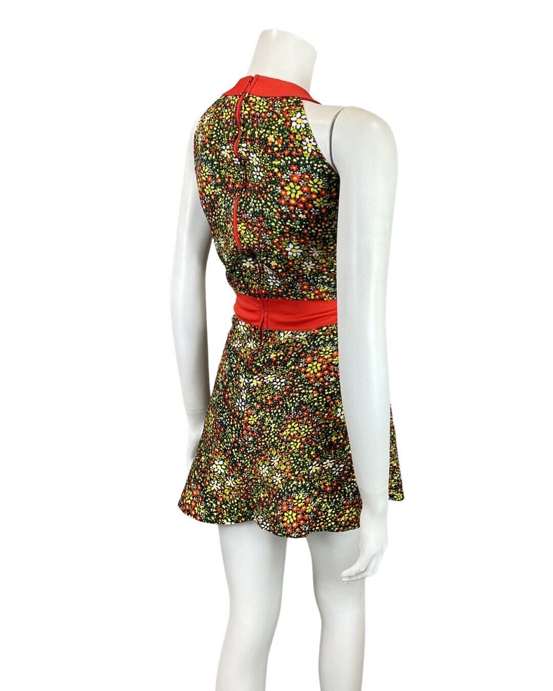 VINTAGE 60s 70s GREEN BLUE RED PSYCHEDELIC DITSY FLORAL HALTER MOD DRESS 12