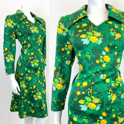 VTG 60s 70s GREEN YELLOW ORANGE FLORAL LEAFY PSYCHE DAGGER SHIRT DRESS 16 18