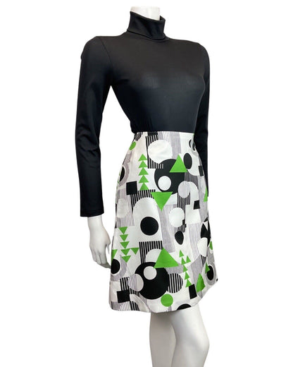 VINTAGE 60s 70s WHITE BLACK GREEN MOD GEOMETRIC A-LINE SHORT SKIRT 8