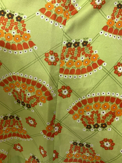 VINTAGE 60s 70s LIME GREEN ORANGE BROWN CHECKED FLORAL FAN MOD DRESS 12 14