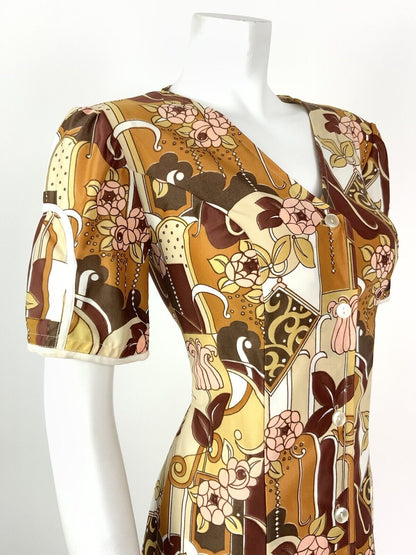 VINTAGE 60s 70s BROWN YELLOW RED PINK FLORAL GEOMETRIC BUTTONED DRESS 8 10