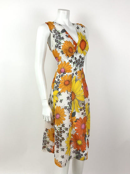 VTG 60s 70s WHITE ORANGE YELLOW FLORAL DAISY SHEER V-NECK SUMMER DRESS 12 14