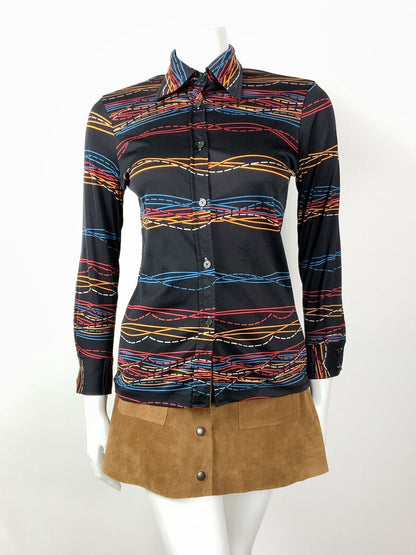 VINTAGE 60s 70s BLACK ORANGE BLUE RED WAVY STRIPED DAGGER COLLAR SHIRT 10 12