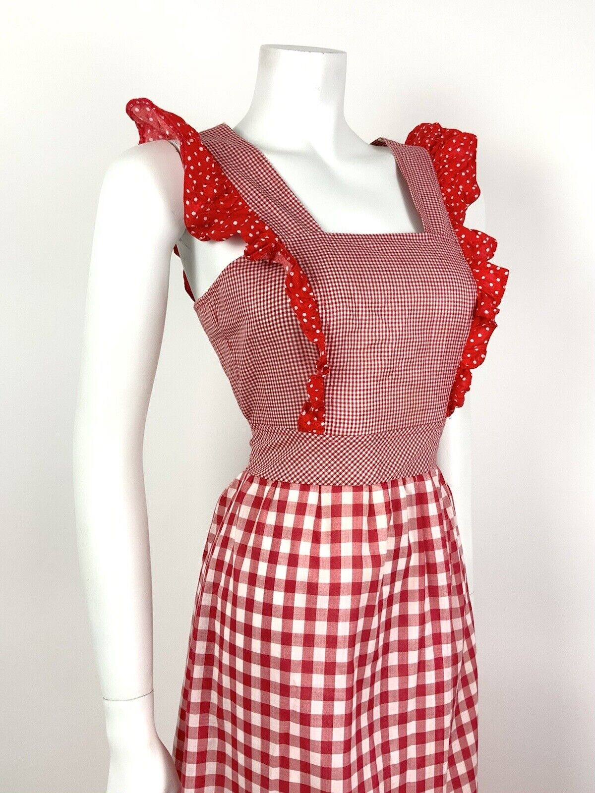 VTG 60s 70s RED WHITE GINGHAM POLKA DOT RUFFLED PRAIRIE APRON PINAFORE DRESS 8