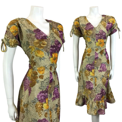 VTG 60S GOLD YELLOW PURPLE LUREX GLITTERING FLORAL V NECK PARTY DRESS 12 14 M