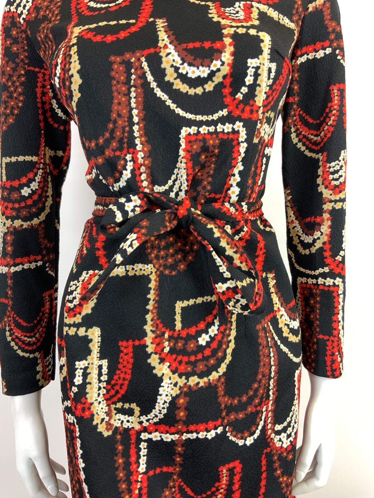 VINTAGE 60s 70s BLACK RED CREAM BROWN DAISY CHAIN PSYCHEDELIC SWING DRESS 14 16