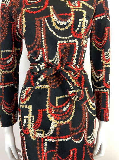 VINTAGE 60s 70s BLACK RED CREAM BROWN DAISY CHAIN PSYCHEDELIC SWING DRESS 14 16