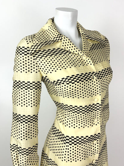 VINTAGE 60s 70s YELLOW CREAM BLACK CHECKERBOARD STRIPED DAGGER SHIRT DRESS 10