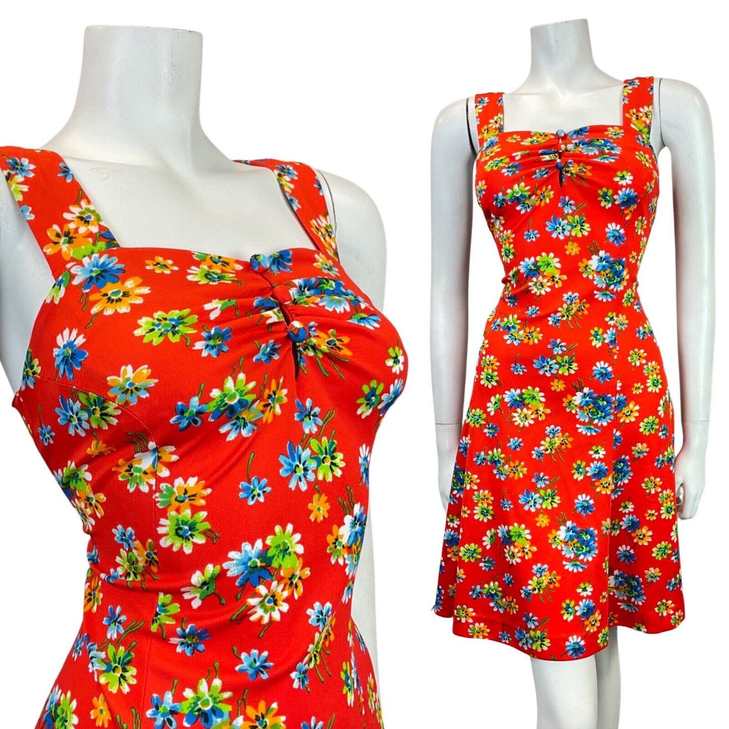 VINTAGE 60s 70s RED BLUE GREEN FLORAL APRON SUMMER SUN DRESS 8
