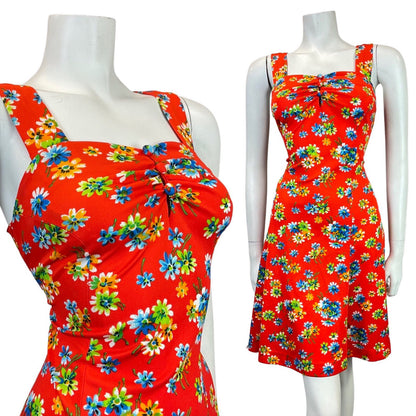 VINTAGE 60s 70s RED BLUE GREEN FLORAL APRON SUMMER SUN DRESS 8