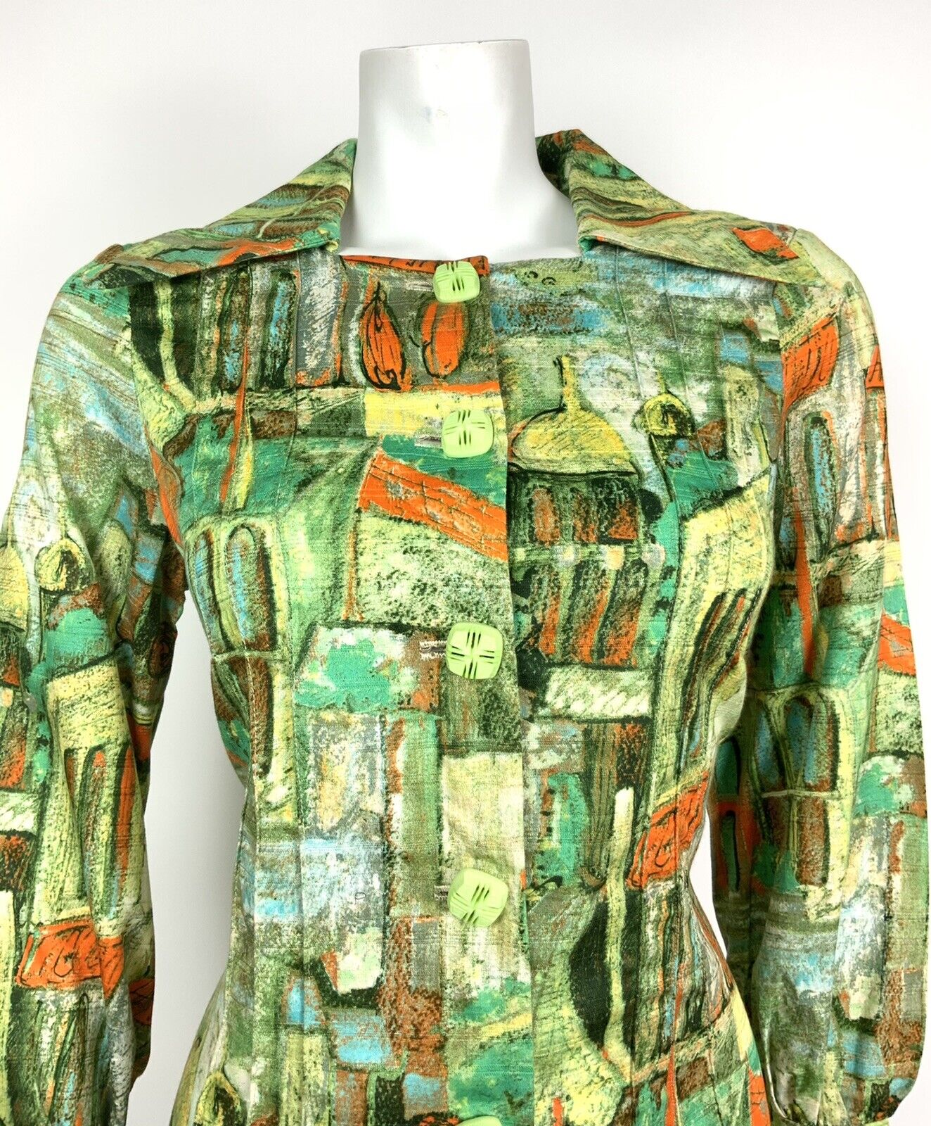 VINTAGE 60s 70s GREEN ORANGE BLUE ABSTRACT ARCH WING COLLAR SHIFT DRESS 14