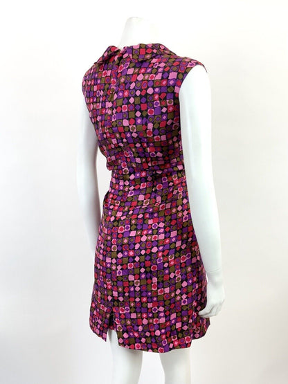 VINTAGE 60s 70s PURPLE PINK RED GOLD GEOMETRIC MOD SLEEVELESS SHIRT DRESS 10 12