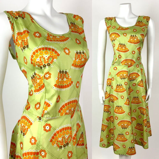 VINTAGE 60s 70s LIME GREEN ORANGE BROWN CHECKED FLORAL FAN MOD DRESS 12 14