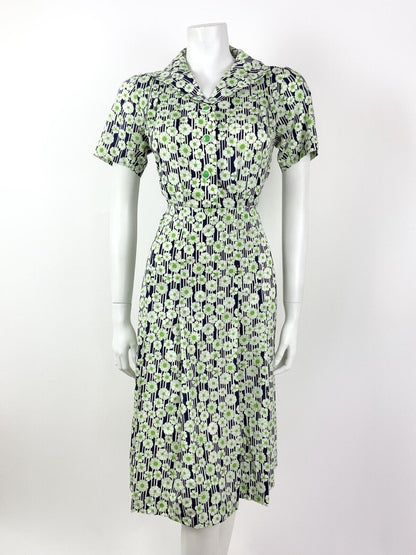 VINTAGE 60s 70s GREEN BLUE WHITE STRIPED FLORAL DAISY MOD SHIRT DRESS 12 14