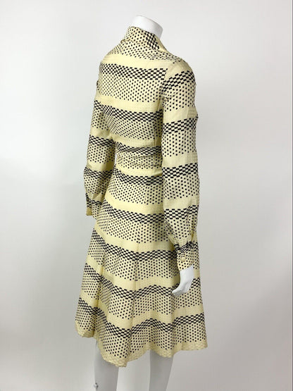VINTAGE 60s 70s YELLOW CREAM BLACK CHECKERBOARD STRIPED DAGGER SHIRT DRESS 10