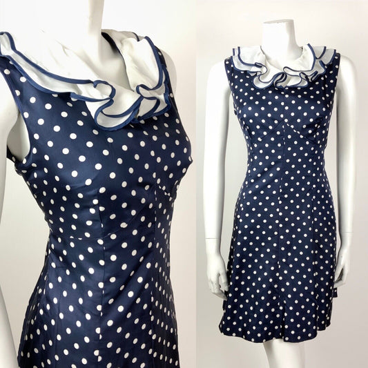 VINTAGE 60s 70s NAVY BLUE WHITE POLKA-DOT RUFFLED SLEEVELESS MOD DRESS 10 12