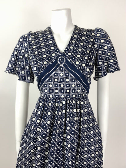 VINTAGE 60s 70s NAVY BLUE WHITE GRID ROPE DOTTY NAUTICAL SWING DRESS 10 12