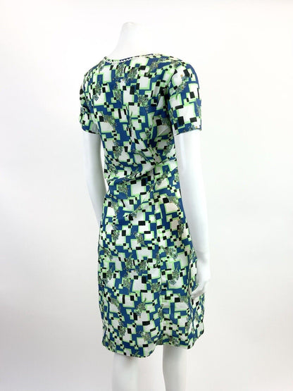 VINTAGE 60s 70s BLUE NEON GREEN WHITE GEOMETRIC FLORAL PIXEL MOD SHORT DRESS 14
