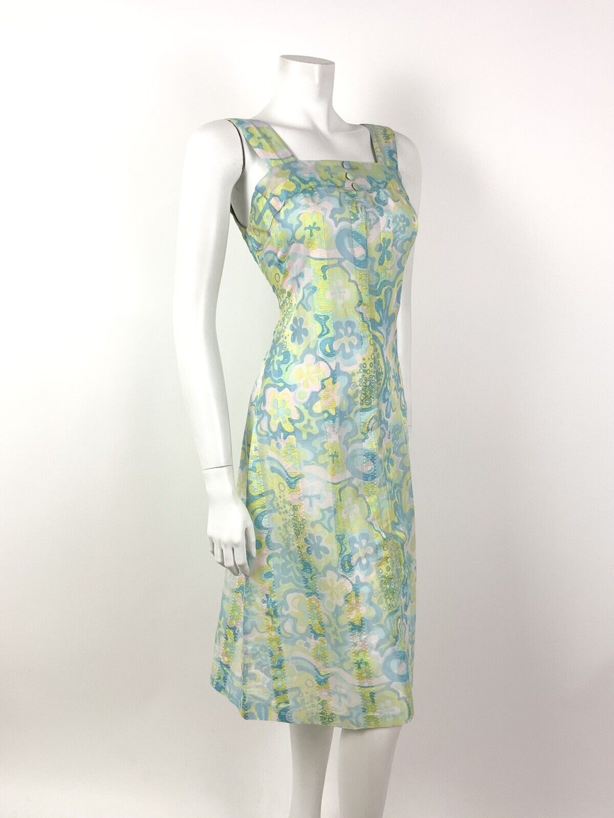 VTG 60s 70s BLUE PINK YELLOW GREEN PSYCHEDELIC FLORAL SLEEVELESS PINNY DRESS 10