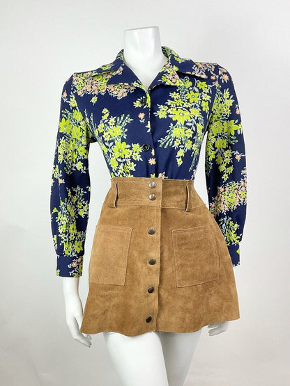 VINTAGE 60s 70s BLUE GREEN PINK FLORAL BLOSSOM WING COLLAR SHIRT BLOUSE 12 14