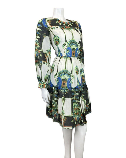 VINTAGE 60s 70s WHITE BLACK GREEN FLORAL NOUVEAU LONG-SLEEVE SWING DRESS 8