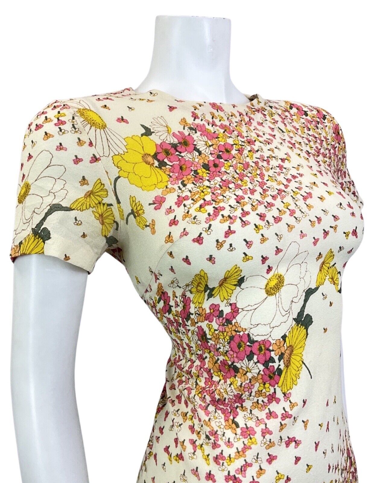 VINTAGE 60s 70s CREAM PINK YELLOW FLORAL PETAL SUMMER SHORT DRESS 8 10