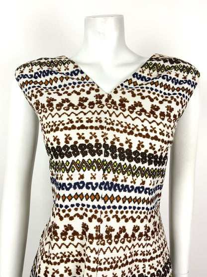 VINTAGE 60s 70s WHITE BROWN BLUE ORANGE GEOMETRIC AZTEC SLEEVELESS DRESS 14 16
