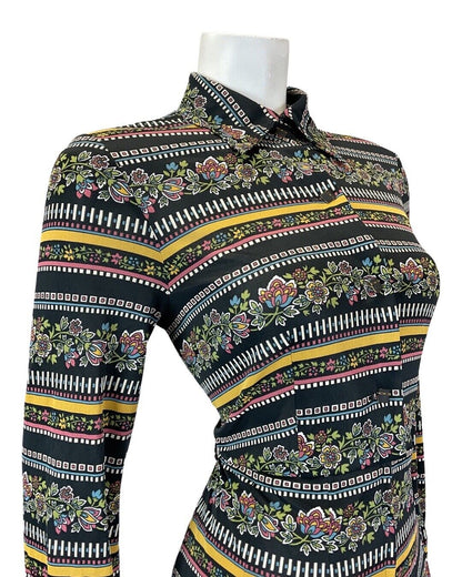 VINTAGE 60s 70s BLACK YELLOW BLUE STRIPED FLORAL MOD MIDI DAGGER SHIRT DRESS 10