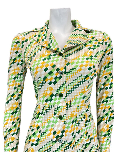 VINTAGE 60s 70s GREEN WHITE YELLOW PIXEL GEOMETRIC MOD DAGGER SHIRT DRESS 8