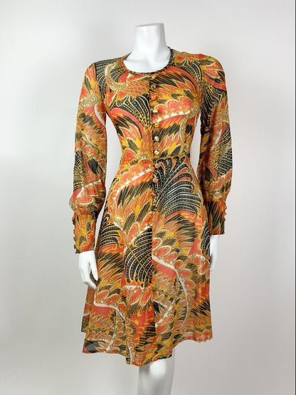 VTG 60s 70s ORANGE YELLOW BLACK FEATHER PSYCHEDELIC CARNIVAL SHEER DRESS 8 10