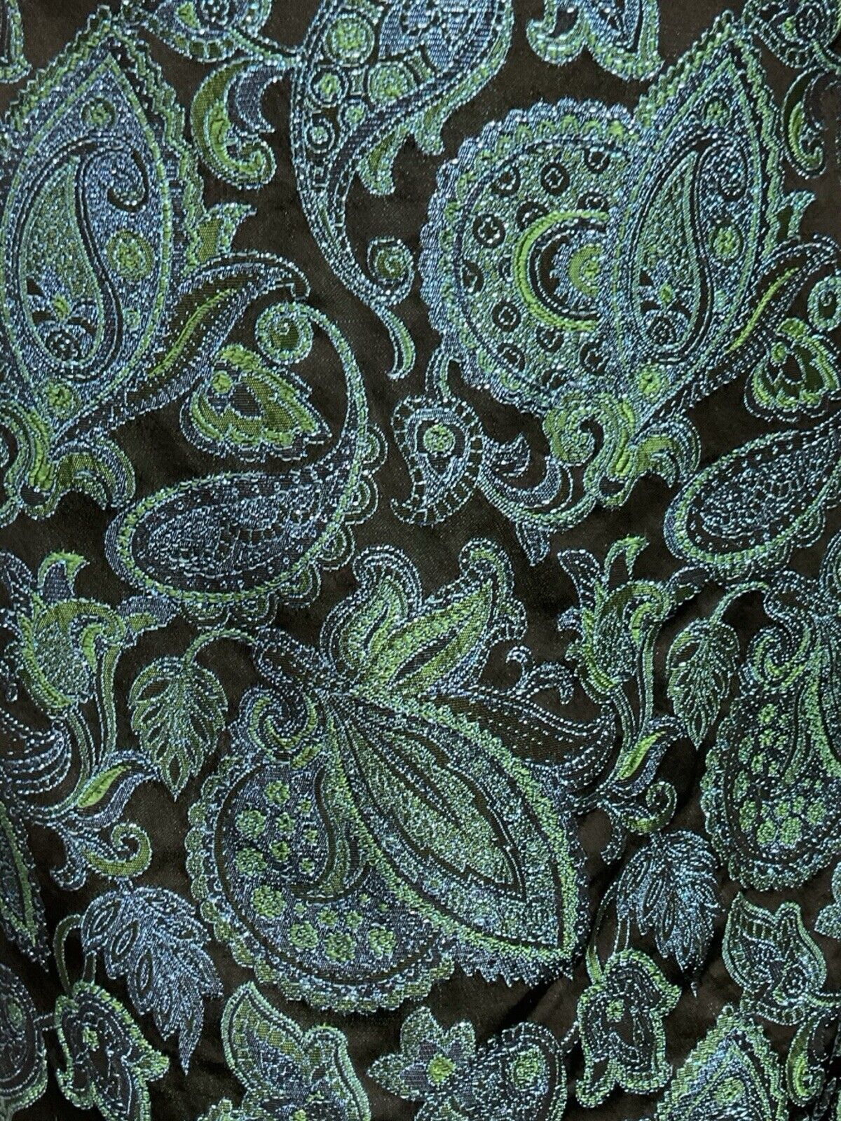 VTG 60S BLACK BLUE GREEN METALLIC PAISLEY FLORAL EMPIRE STRAPPY PARTY DRESS 8 10