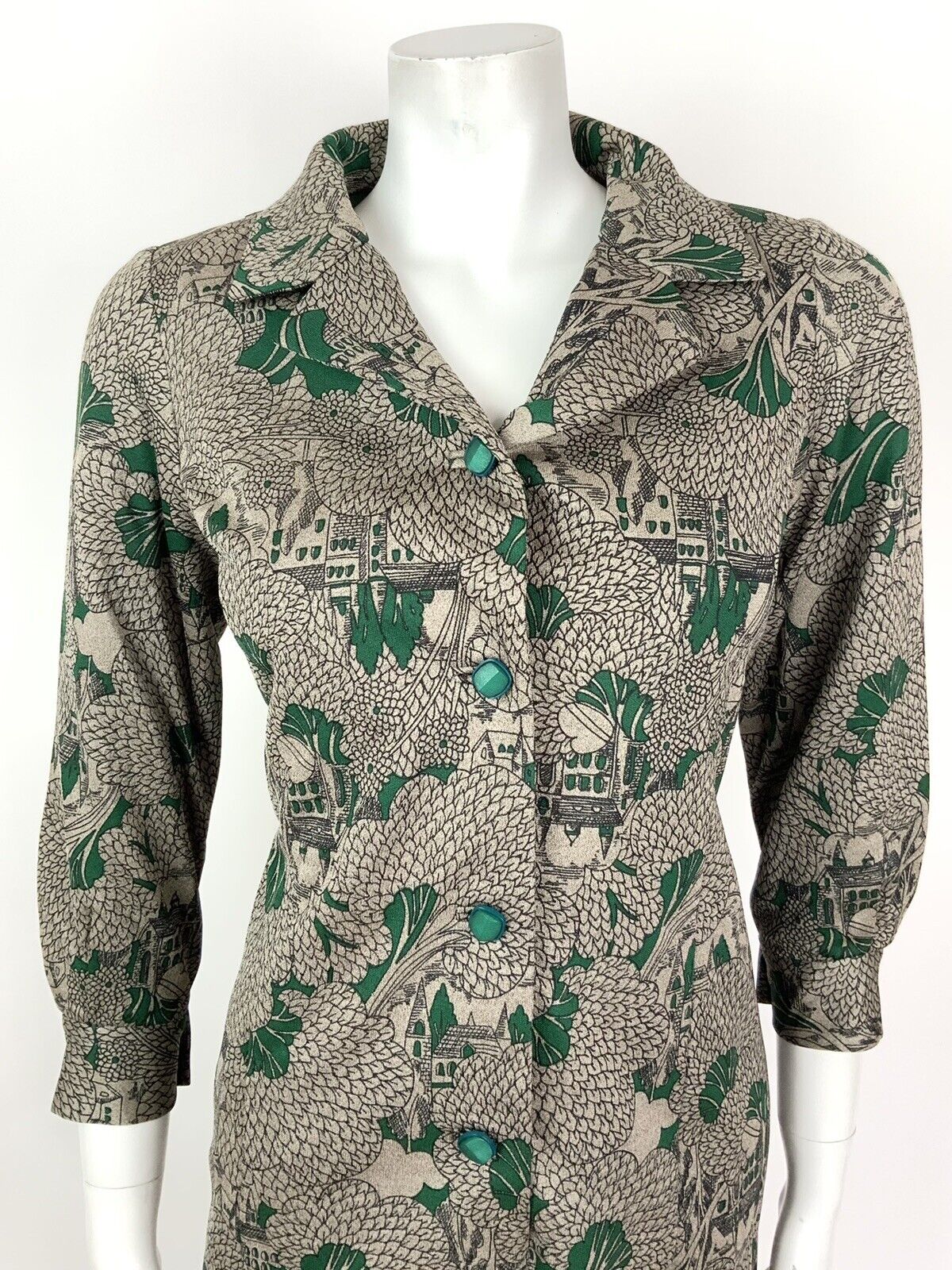 VINTAGE 60s 70s BROWN GREEN BLACK LEAF TREE CHURCH SHIRT DRESS 12