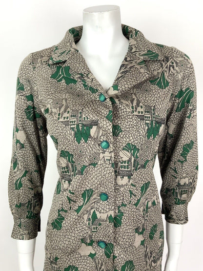 VINTAGE 60s 70s BROWN GREEN BLACK LEAF TREE CHURCH SHIRT DRESS 12