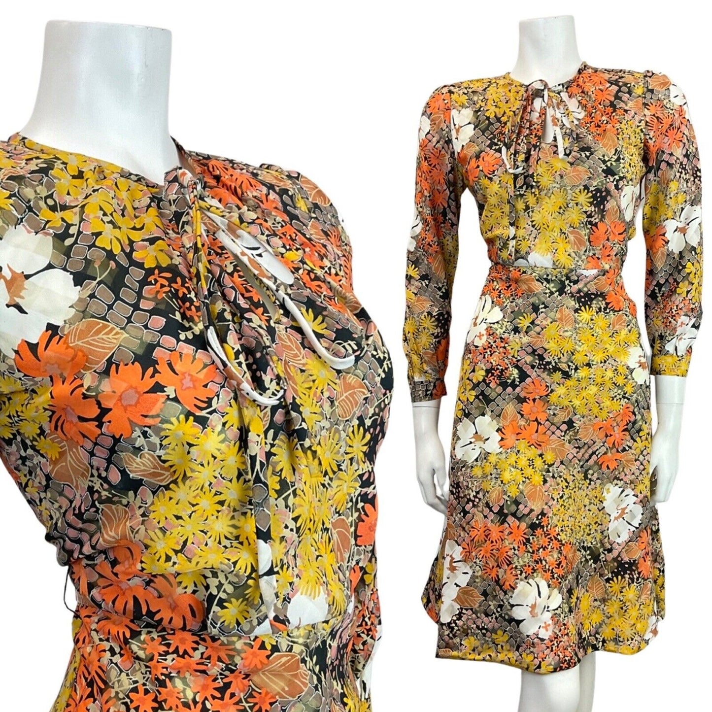 VINTAGE 60s 70s ORANGE YELLOW BLACK PSYCHEDELIC FLORAL SWING DRESS 10