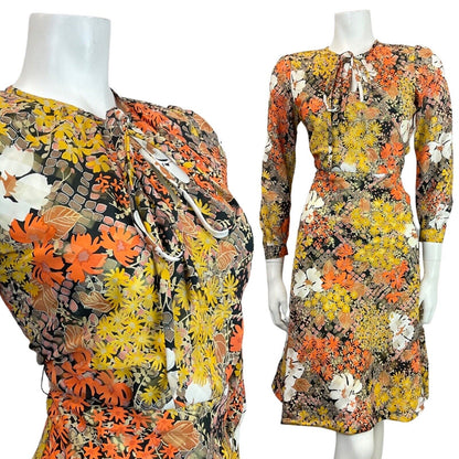 VINTAGE 60s 70s ORANGE YELLOW BLACK PSYCHEDELIC FLORAL SWING DRESS 10