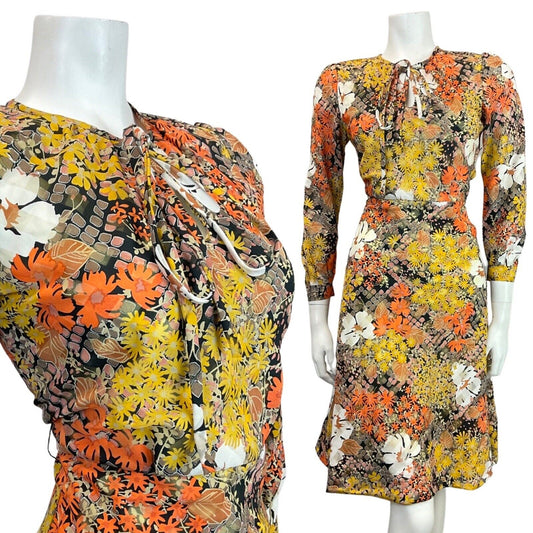 VINTAGE 60s 70s ORANGE YELLOW BLACK PSYCHEDELIC FLORAL SWING DRESS 10