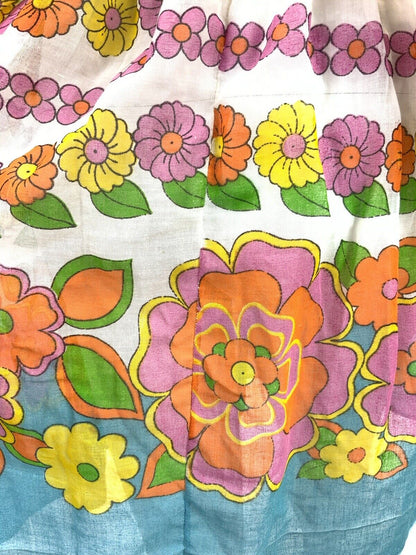 VINTAGE 60s 70s WHITE BLUE PINK ORANGE FLORAL SHIRRED STRAPLESS SUMMER DRESS 6 8
